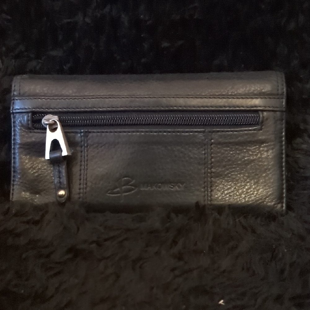 B. Makowsky Black Leather Clutch with Silver Logo Plate - Picture 2 of 7